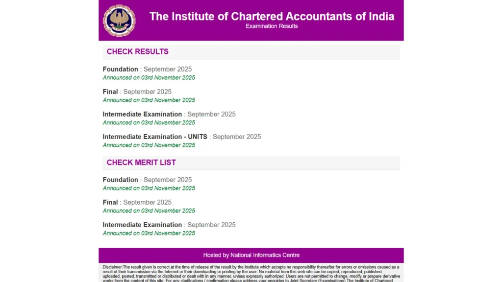 ICAI CA Result 2025 का तिथि और समय